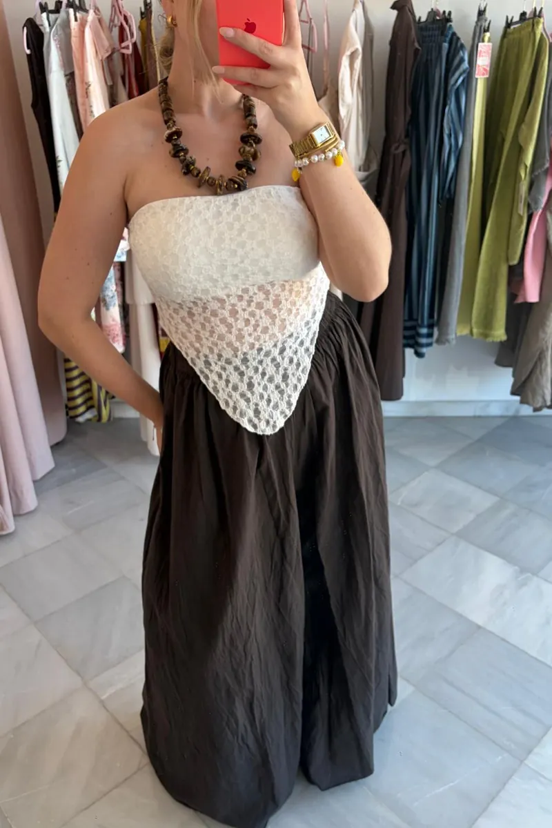 Conjunto Majestad — top de encaje blanco y falda larga en negro de la línea Bravísima