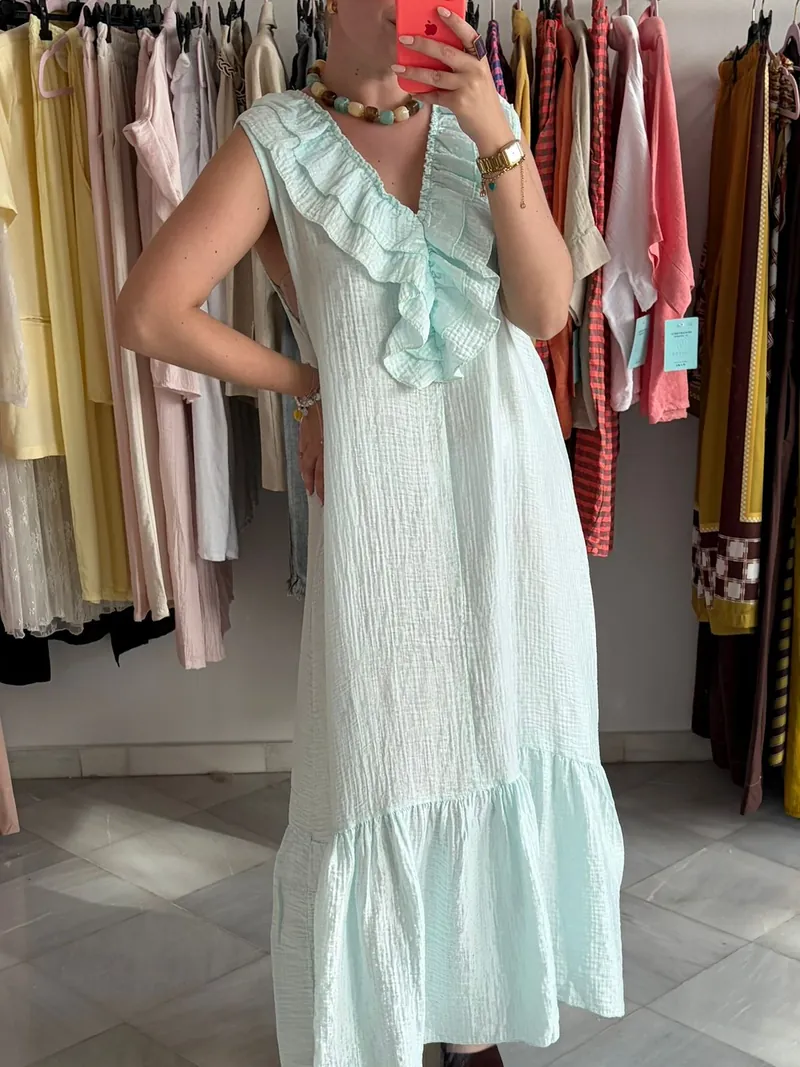 Vestido Primavera — vestido largo verde menta con volado en el escote
